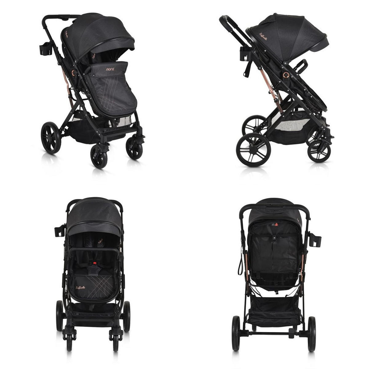 KINDERWAGEN Rafaello 2 in 1 schwarz mbaubar, Sportsitz, Fußabdeckung, Tasche - Schwarz, Metall (96/59/109cm) - Moni