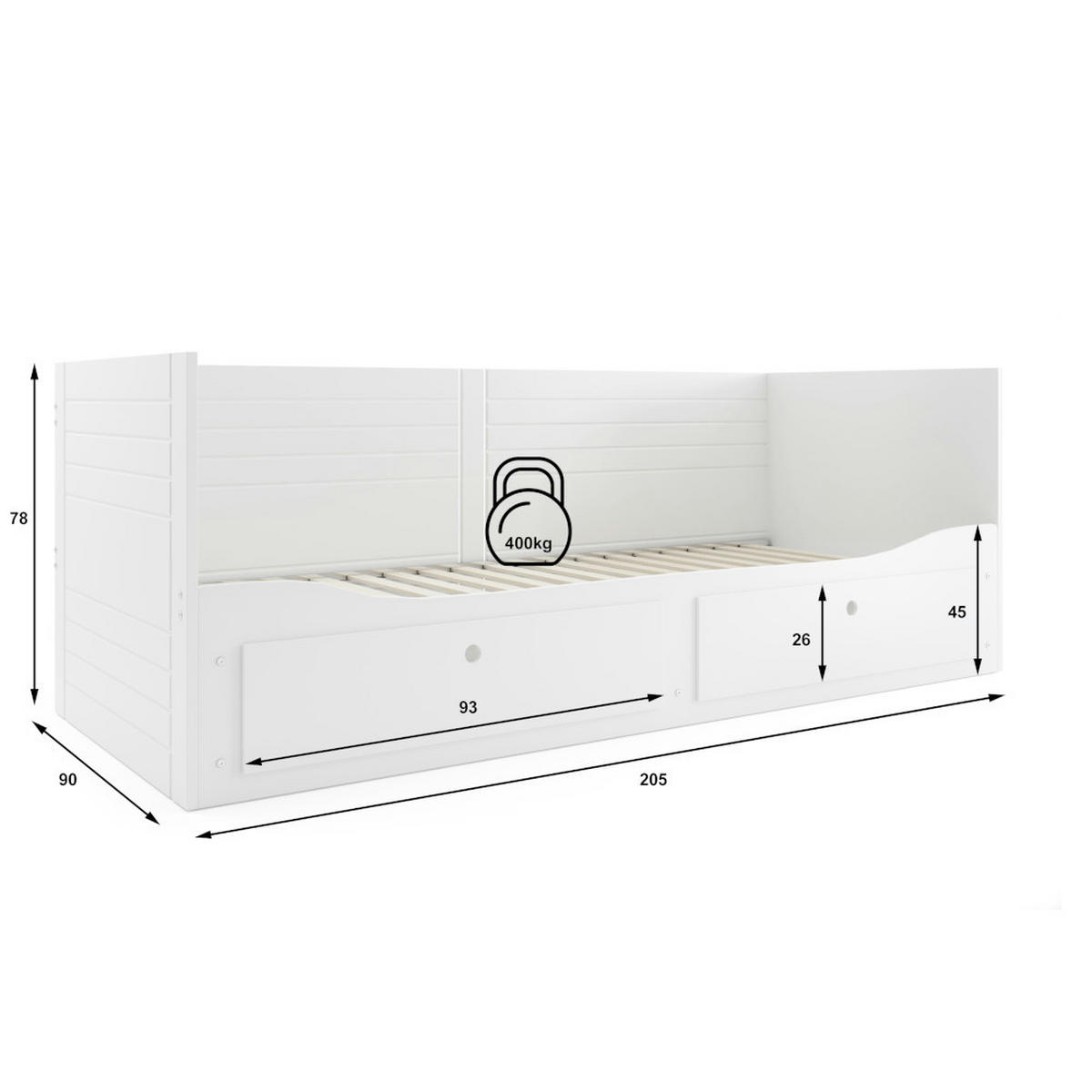 TAGESBETT Hermes 200x80/160cm Weiß mit Lattenrost und Schubladen - Weiß, Holzwerkstoff (160/200cm) - Interbeds