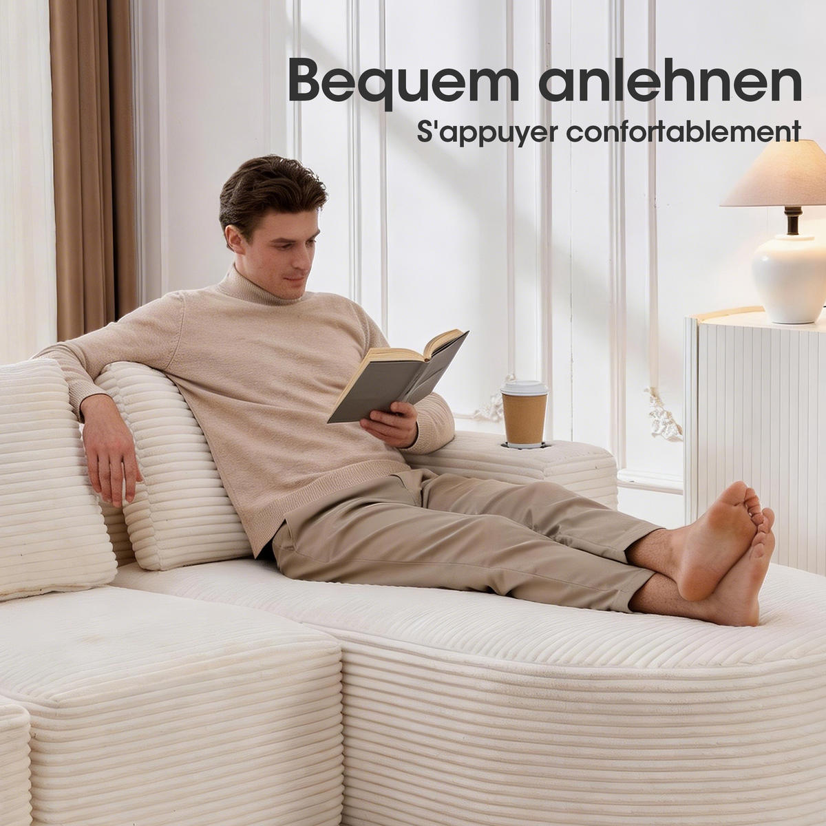 ECKSOFA 258/171/62.5 cm Beige mit 3 Kissen und 2 Getränkehalter - Beige, Textil (265/176cm) - Oxeza
