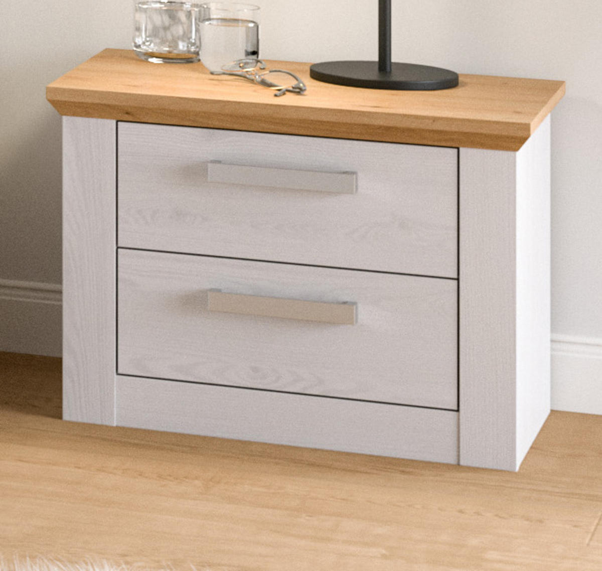 NACHTTISCH 2er Set weiß Lärche, Eiche Artisan Landhaus 56 x 43 cm, 2x Nachtkommode mit Schubkästen - Eichefarben/Silberfarben, Holzwerkstoff/Kunststoff (56/43/39cm) - Inn.Furn