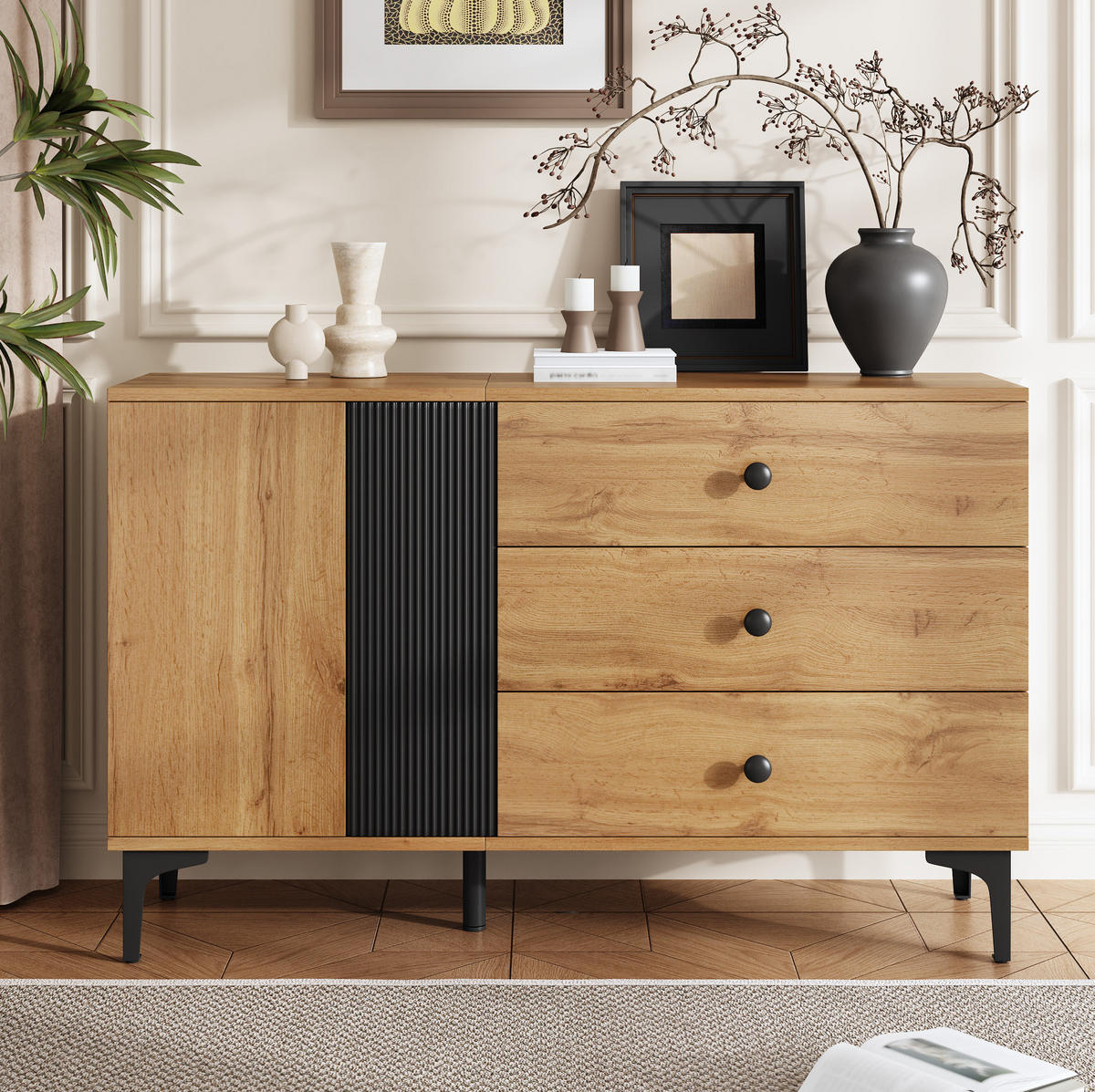 SIDEBOARD 120/35/76 cm Natur/Schwarz aus Holzwerkstoff mit 3 Schubladen - Schwarz, Holzwerkstoff (35/76/120cm) - OKMYHOME