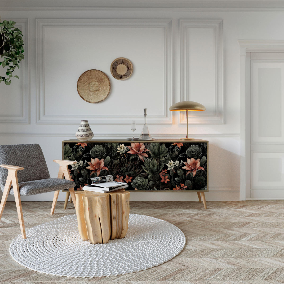 SIDEBOARD SECRET VERDURE, Eicheneffekt, 164,5x42x77,5 cm, 3 Türen - Eichefarben/Buchefarben, Holzwerkstoff/Buchenholz (164.5/77.5/42cm) - SpaceRebels