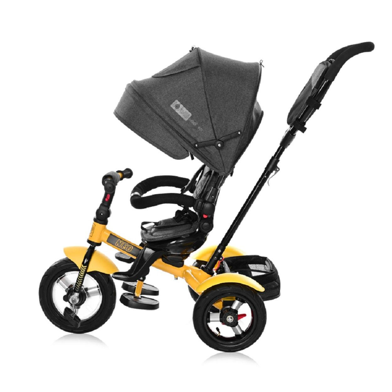 DREIRAD Neo 4 in 1 gelb Luftreifen, Schiebestange, Sitz drehbar, verstellbar - Gelb, Metall (120/55/104cm) - Lorelli