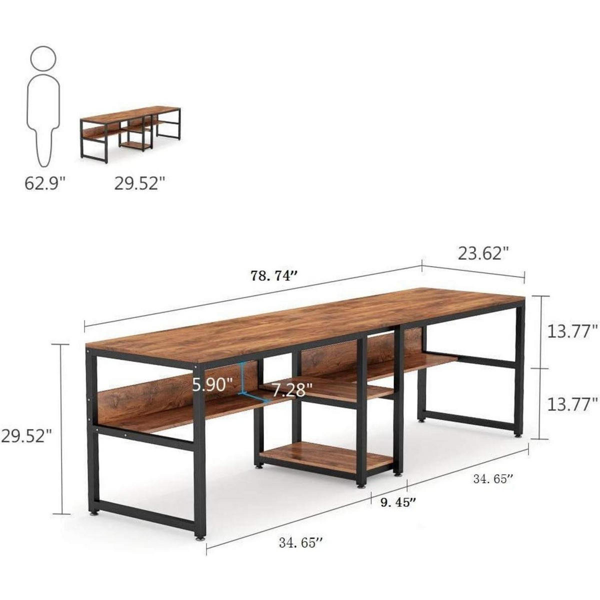 SCHREIBTISCH 200 cm mit Regalen Vintagebraun-Schwarz - Braun, Metall (60/200/75cm)