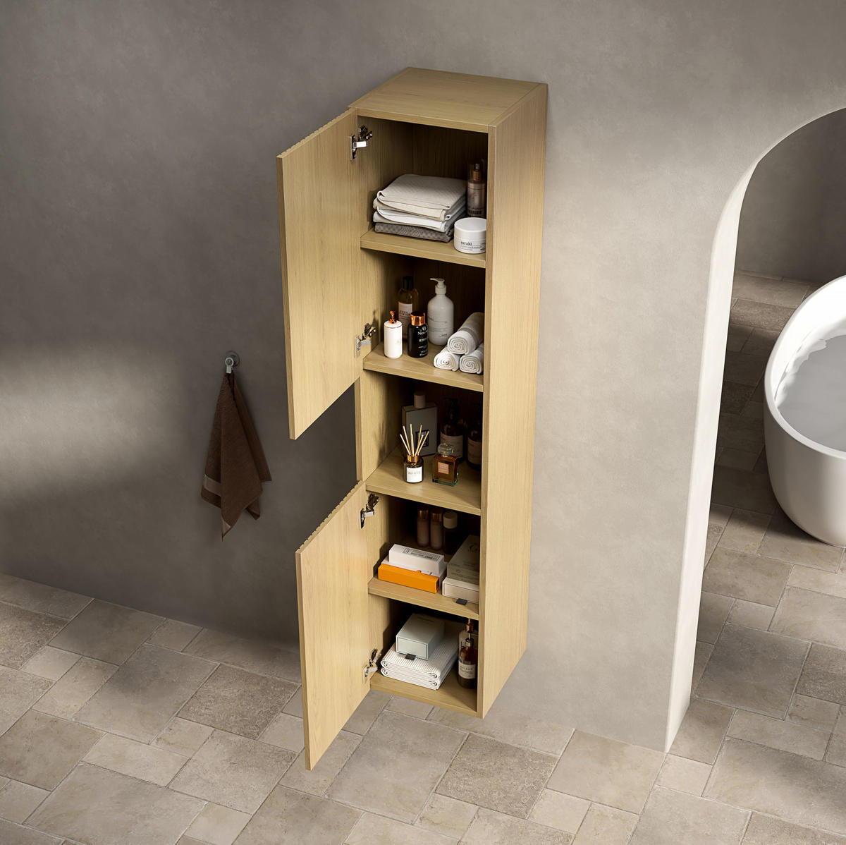 BADEZIMMERSCHRANK 160 cm Golden Oak mit 2 Türen und offenem Fach - Eichefarben, Holzwerkstoff (35/35/160cm) - Beauniv