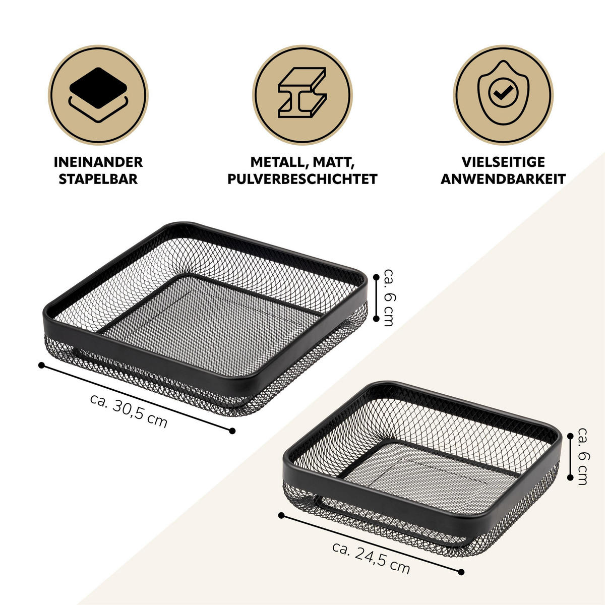 OBSTKORB - BROTKORB 2er Set, eckige Obstschale, aus schwarzem Metall - Schwarz, Metall (6cm) - eluno