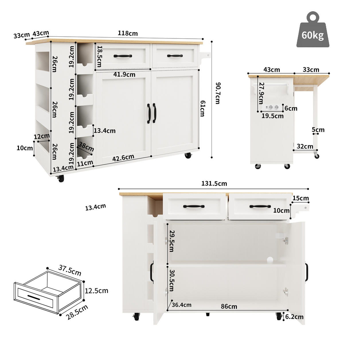 KÜCHENINSEL 131.5x43x90.7cm Weiß aus MDF/Metall mit Klappplatte - Weiß, Holzwerkstoff (131.5/90.7/43cm) - Modfu