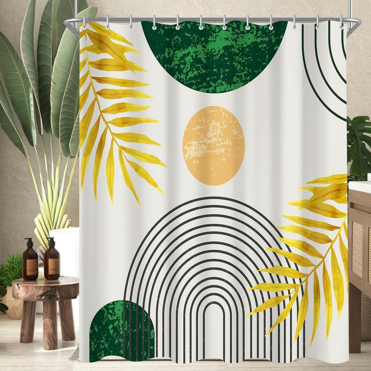 DUSCHVORHANG Dunkelgrün Blätter Linie 120 x 200 cm - Multicolor, Textil (120/200cm)