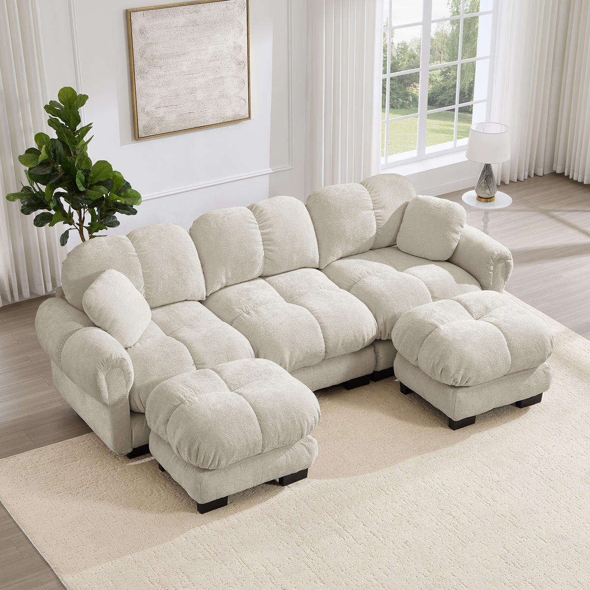 WOHNLANDSCHAFT DE-34384 U-Form mit Ottoman und Steppdesign Hellkhaki - Sandfarben, Textil (149/90/260cm) - ComfortXL