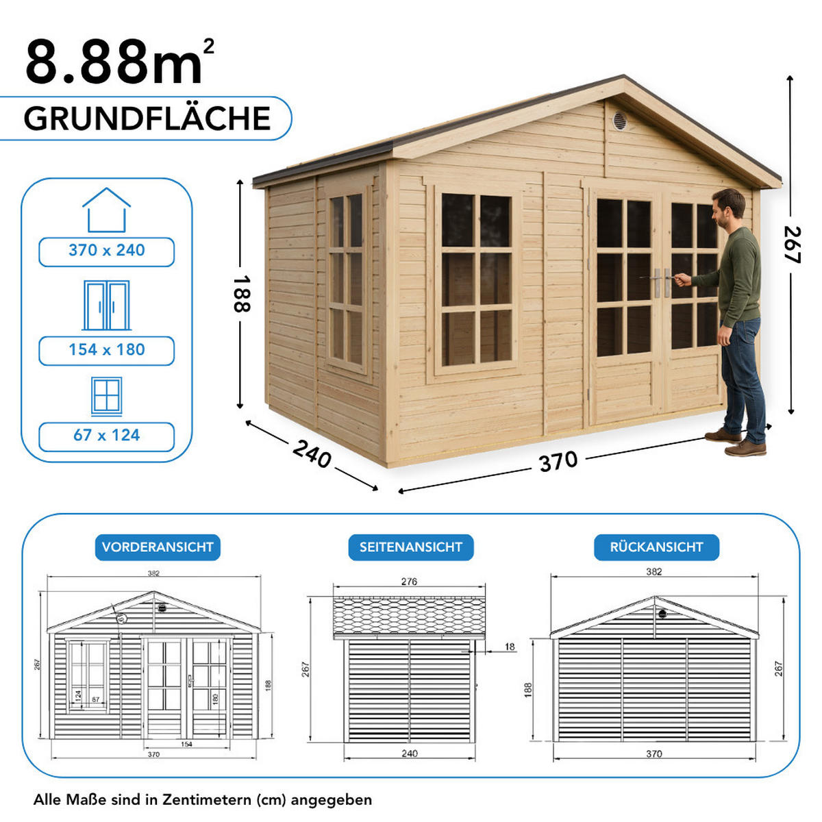 GARTENHAUS HOLZ M734A 370 x 240 cm - Naturfarben, Holz (382/267/276cm) - Timbela