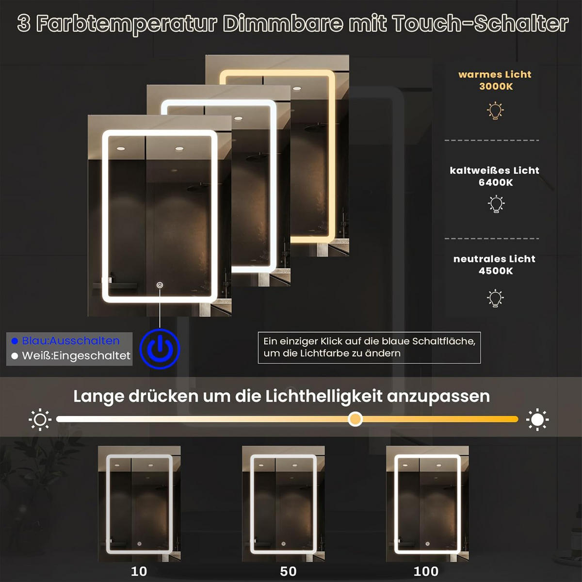 SPIEGELSCHRÄNKE Badezimmerspiegel mit LED-Beleuchtung, höhenverstellbare Einlegeböden, drei Farbtemperaturen, Schrankkorpus - Weiß, Holz/Holzwerkstoff (50/70/50cm) - WoodenAura