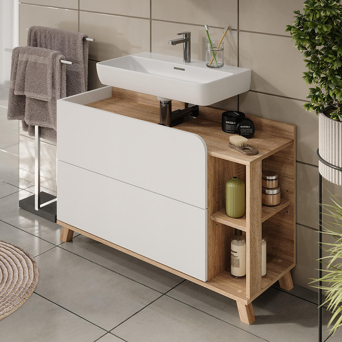 WASCHBECKENUNTERSCHRANK Karen Sonoma/Weiß 100 x 65 cm mit 2 Schubladen - Weiß/Sonoma Eiche, Holzwerkstoff (100/65/35cm) - Vicco