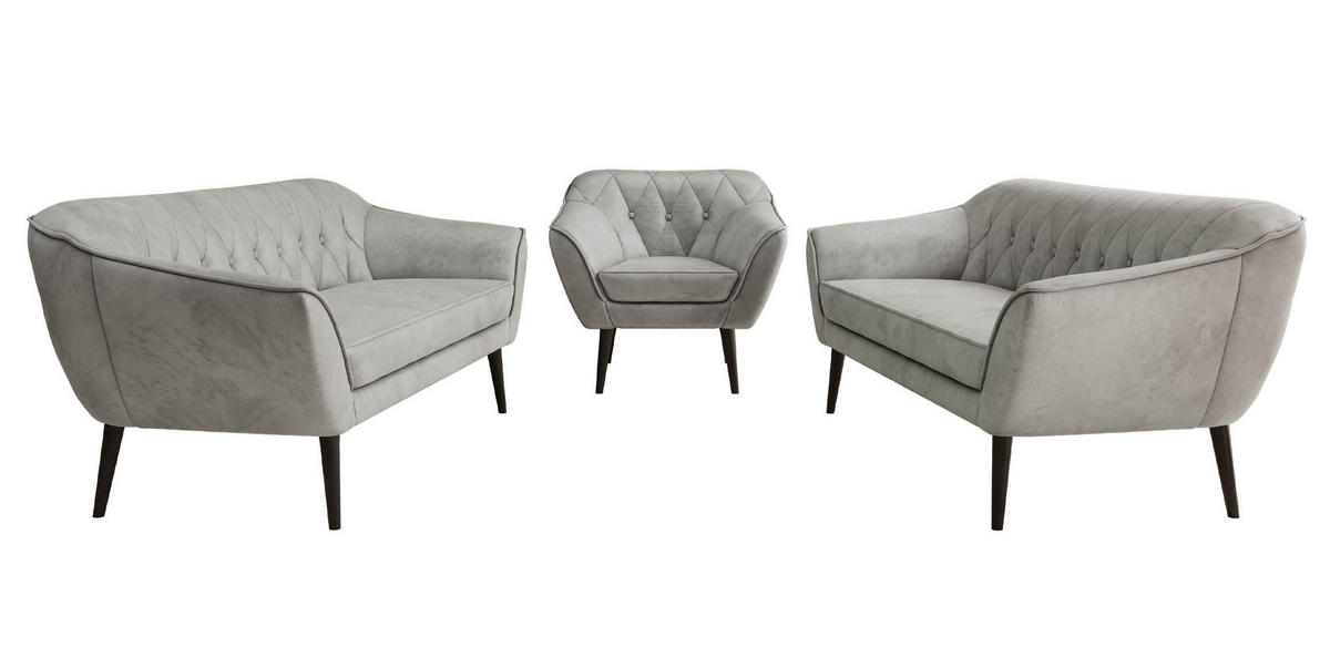 SEDACÍ SOUPRAVA 3+3+1 PIRS - Světle šedá Samet - Černé nohy - černá/světle šedá, kompozitní dřevo/textil (180/75/74cm) - MKS