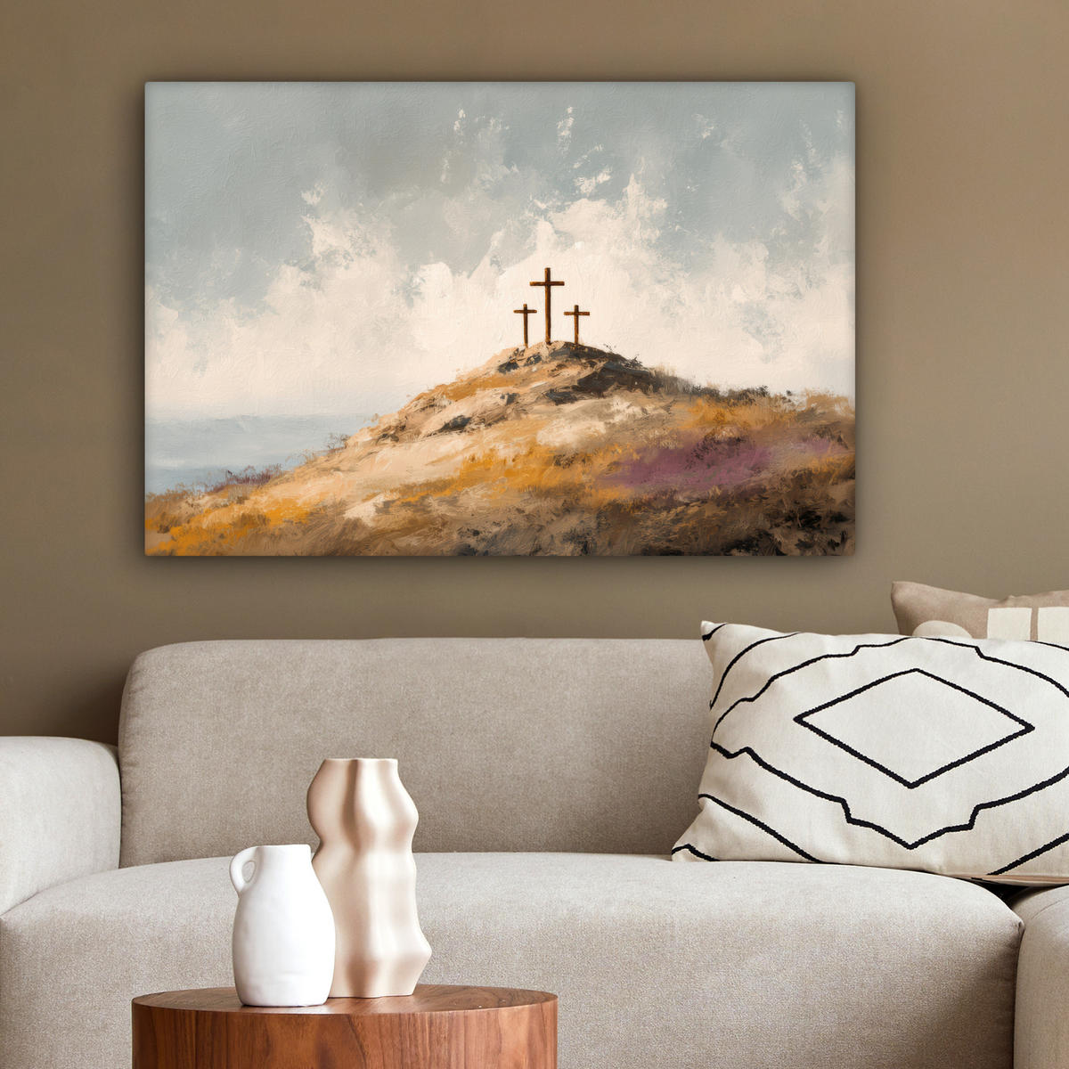 LEINWANDBILD Hügel - Abstrakt - Christentum - Kreuz Wanddeko 90x60 cm - Hellgrau, Textil (90/60cm) - MuchoWow