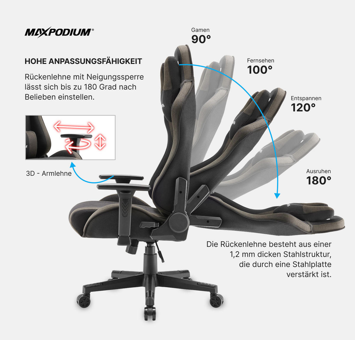 GAMING-STUHL Tactical Grau - Dunkelgrau/Grau, Textil/Metall (55/137/50cm) - MaxPodium