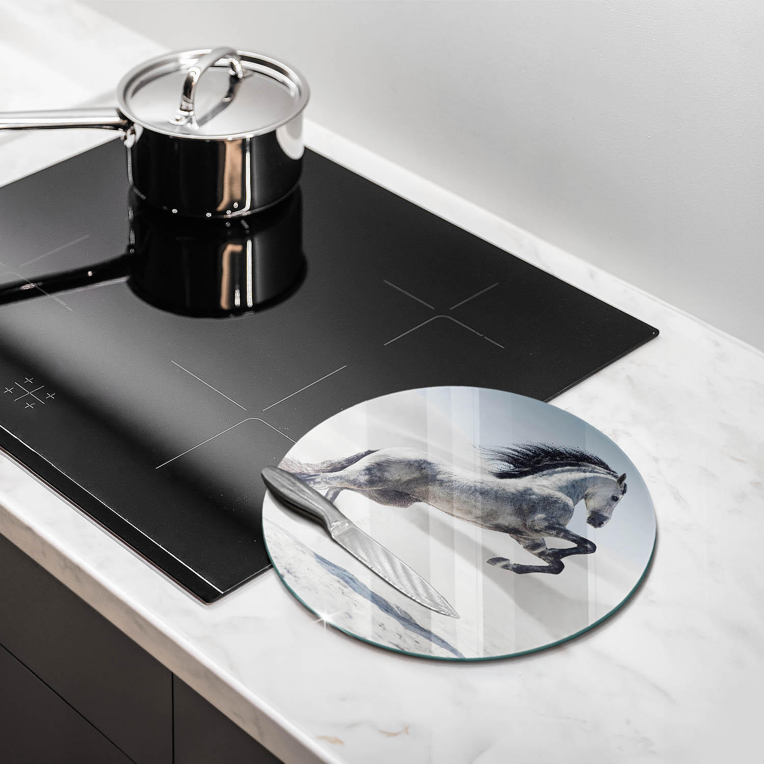 GLASPLATTE Ø 30 cm Weißes Rumänisches Pferd - Grau, Glas (30/30cm) - Wallfluent