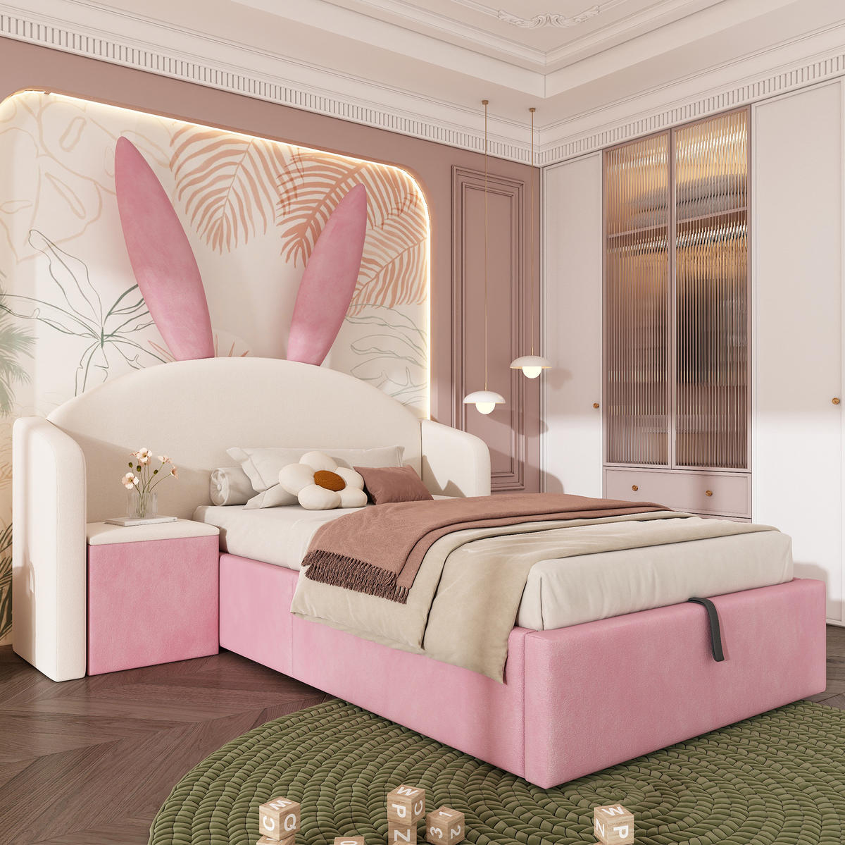 POLSTERBETT 90/190 cm in Beige-Rosa mit Hasenohren und Stauraum - Beige, Textil (90/190cm) - Flora Grace