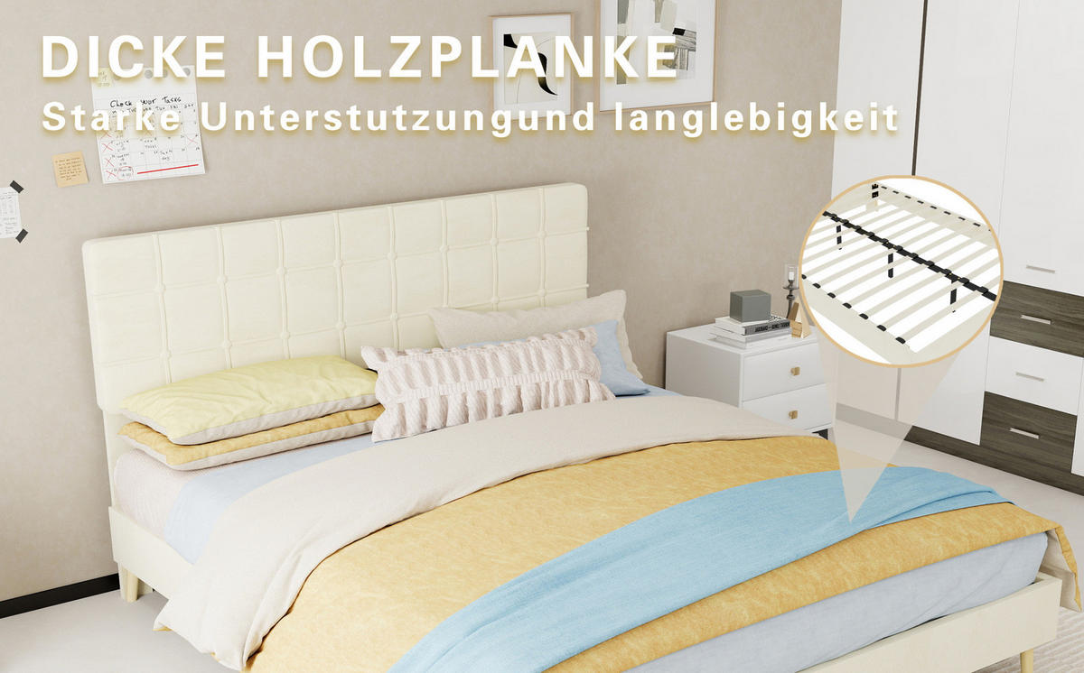 POLSTERBETT 160/200 cm mit karierter Kopfteilpolsterung und Holzfüßen, Beige - Beige, Textil (160/200cm) - Redom