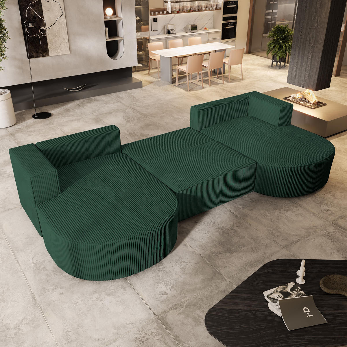 WOHNLANDSCHAFT VEZZO P Grün Kordstoff mit Schlaffunktion - Grün, Holz (347/85/174cm) - MASSENO