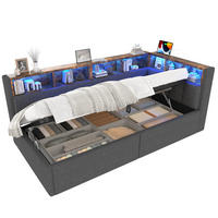 DENNÁ posteľ z MDF a ľanu 90x200 cm sivá s LED osvetlením, USB a Type-C portami a hydraulickým úložným priestorom - sivá, textil (90/200cm) - Modfu