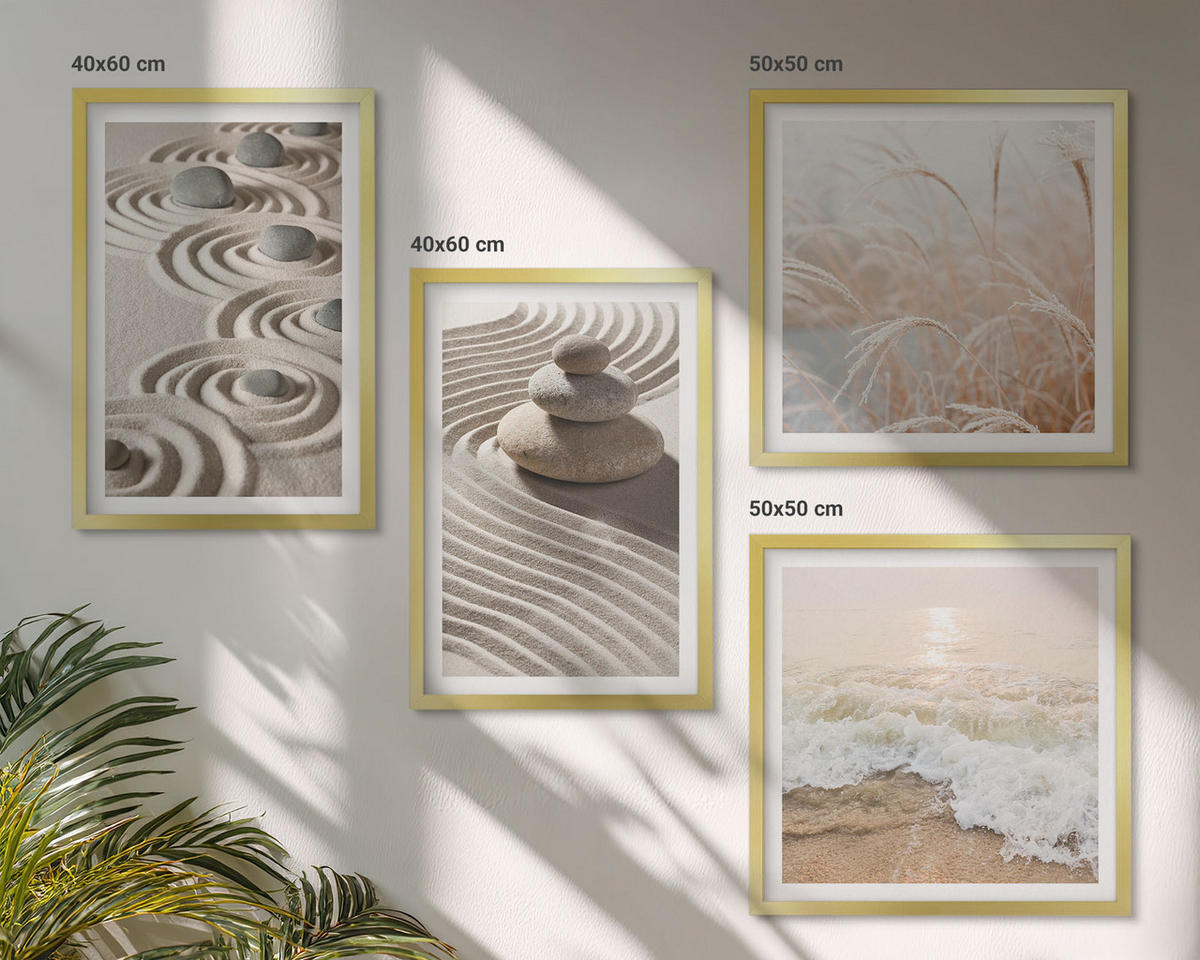 BILDER SET 4er Set - 50x50 cm & 40x60 cm Goldrahmen - Wellen, Sand, Wasser, Steine, Strand - Goldfarben, Kunststoff (50/50cm) - TULUP