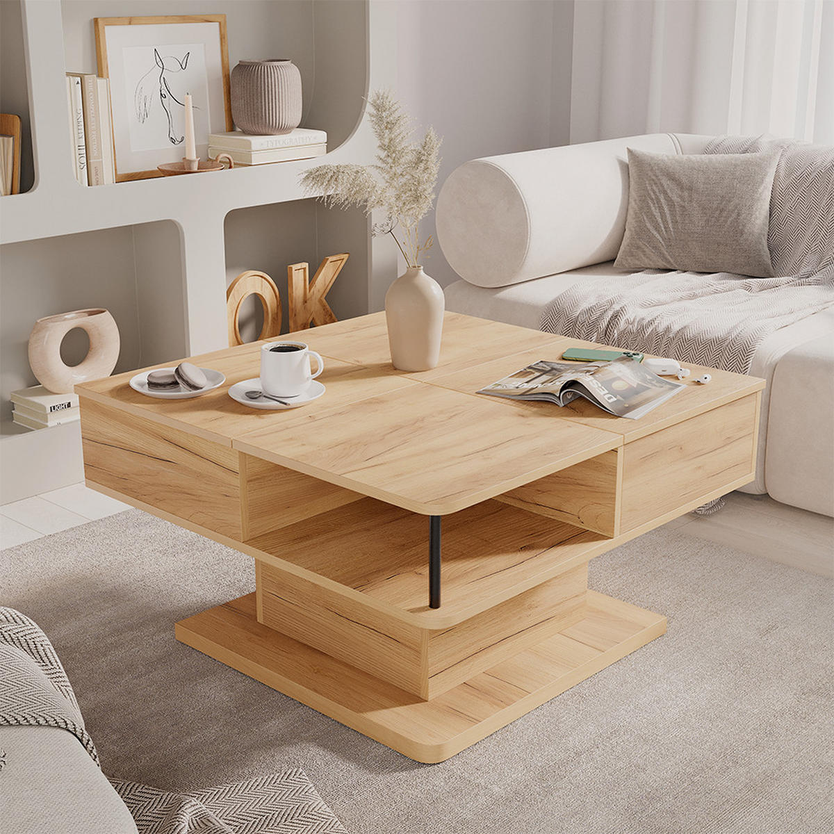 COUCHTISCH Movira Goldkraft Eiche 80 x 45 cm mit Staufächern - Honigeiche, Holzwerkstoff (45/80/80cm) - Vicco