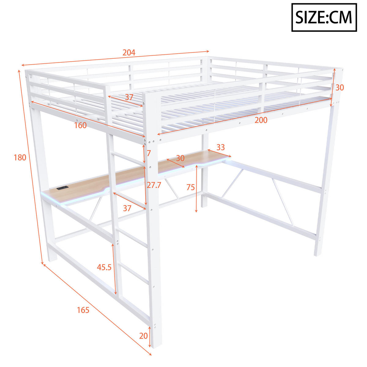 HOCHBETT 160x200 cm in Weiß mit Schreibtisch und LED-Beleuchtung - Weiß, Holzwerkstoff (160/200cm) - IVMEU