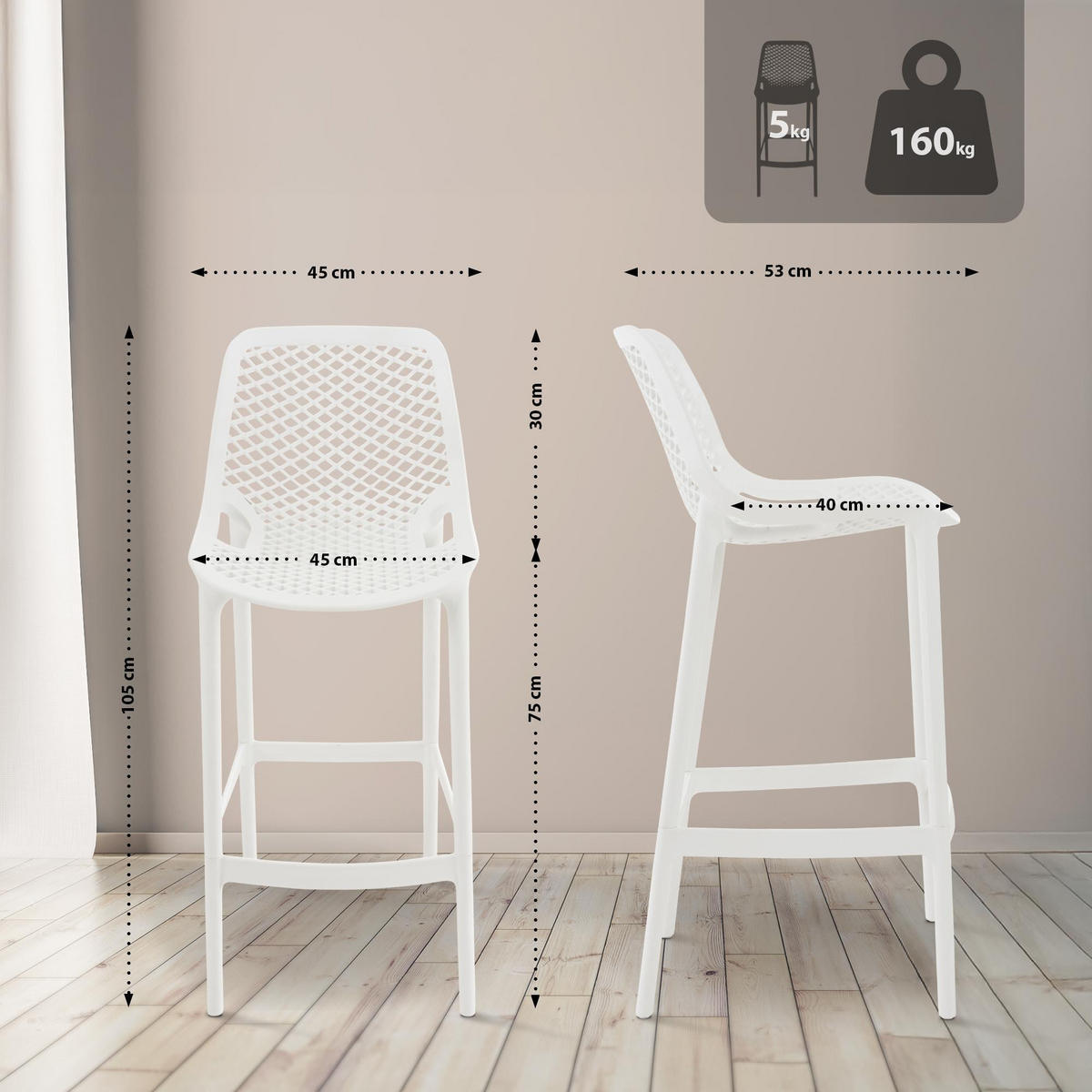 BARHOCKER 2er Set Kunststoff Weiß - Weiß, Kunststoff (45/105/53cm) - CLP