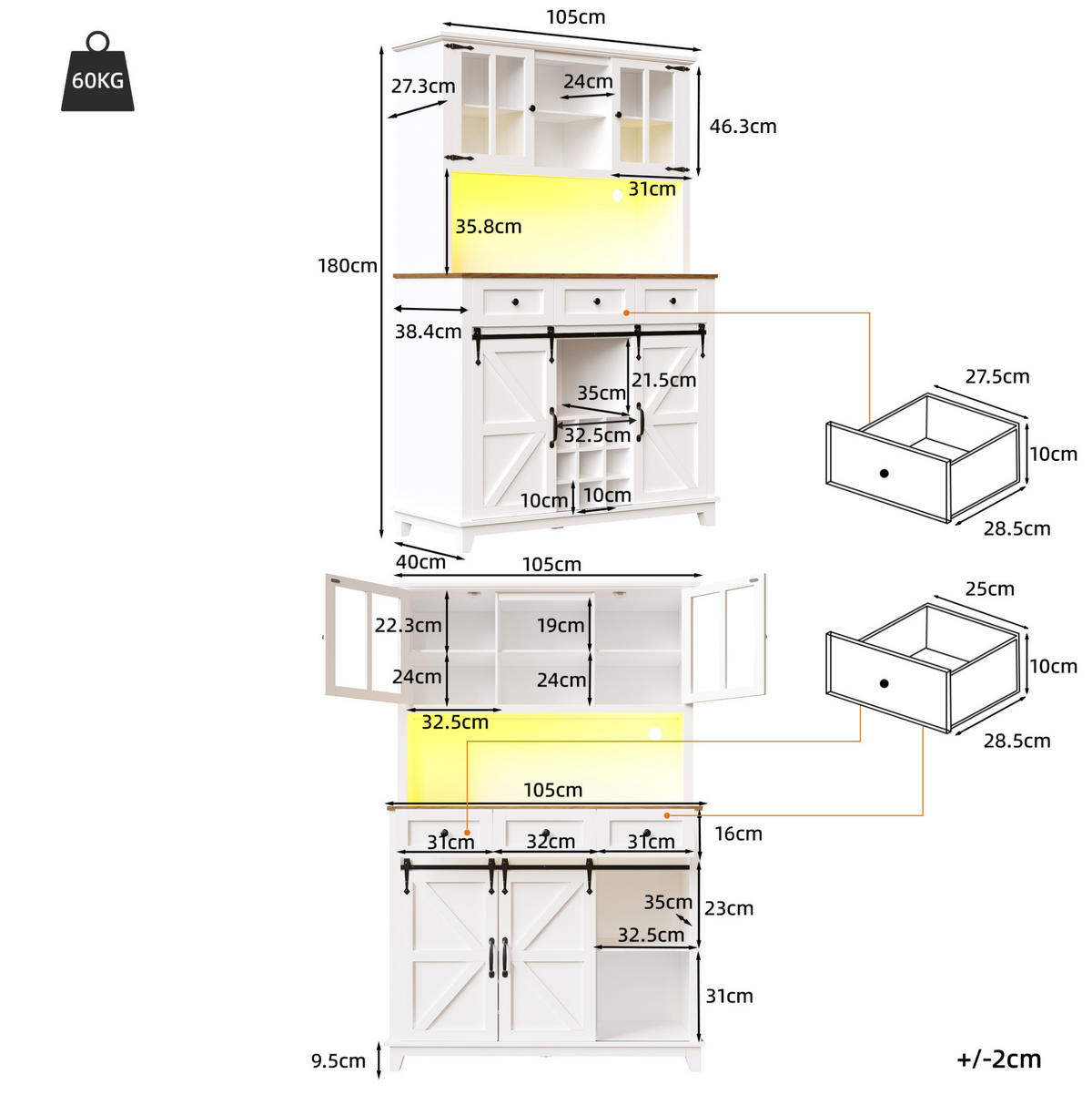 HOCHSCHRANK mit LED 105 x 38,4 x 180 cm MDF Weiß - Weiß, Holzwerkstoff (38.4/180/105cm) - Meubliv
