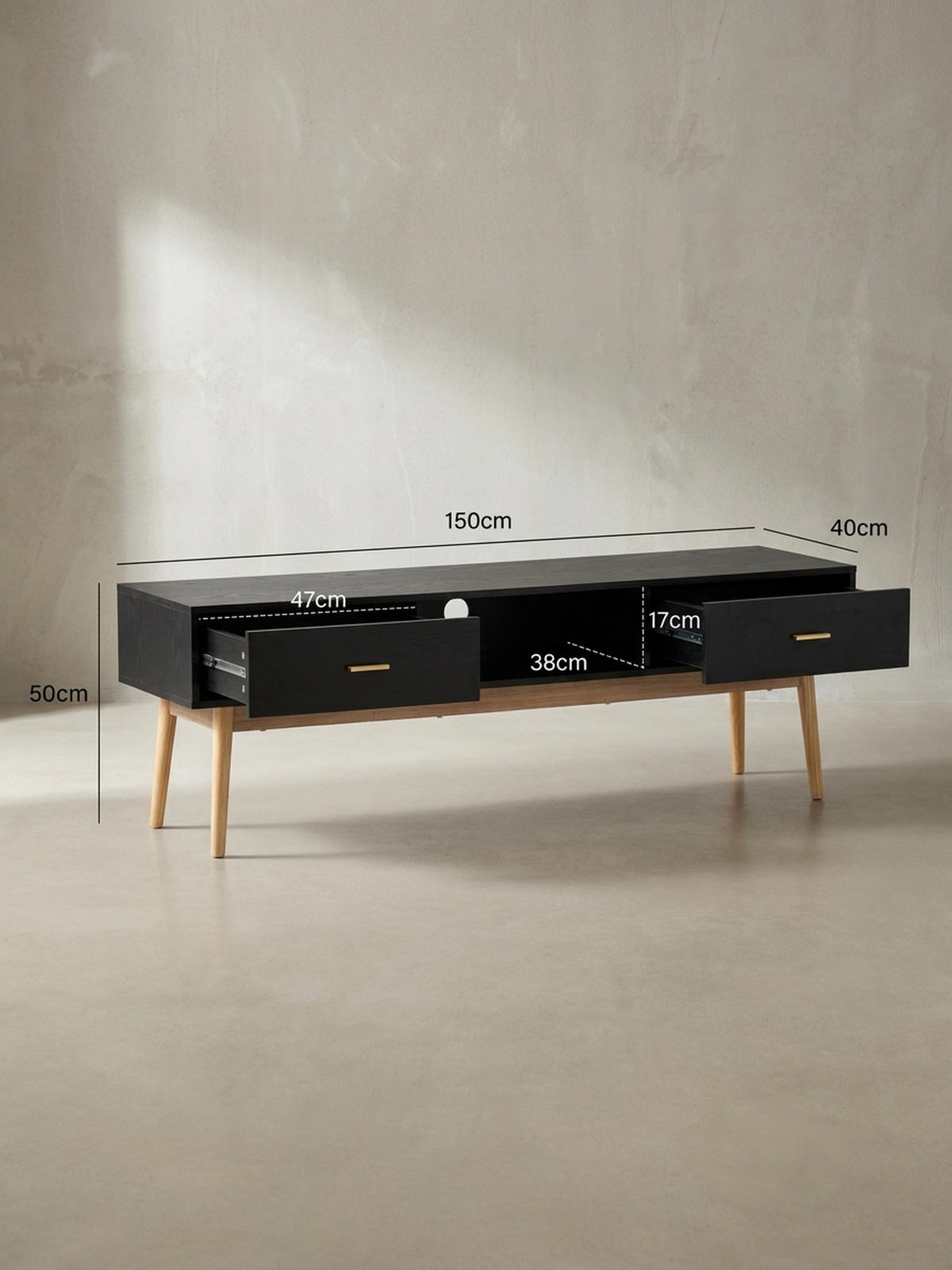 LOWBOARD Schwarz Eiche-Dekor Modern Stil 150x50x40 cm mit Schubladen und Ablagefach - Eichefarben/Schwarz, Holz (150/50/40cm) - KADIMA DESIGN