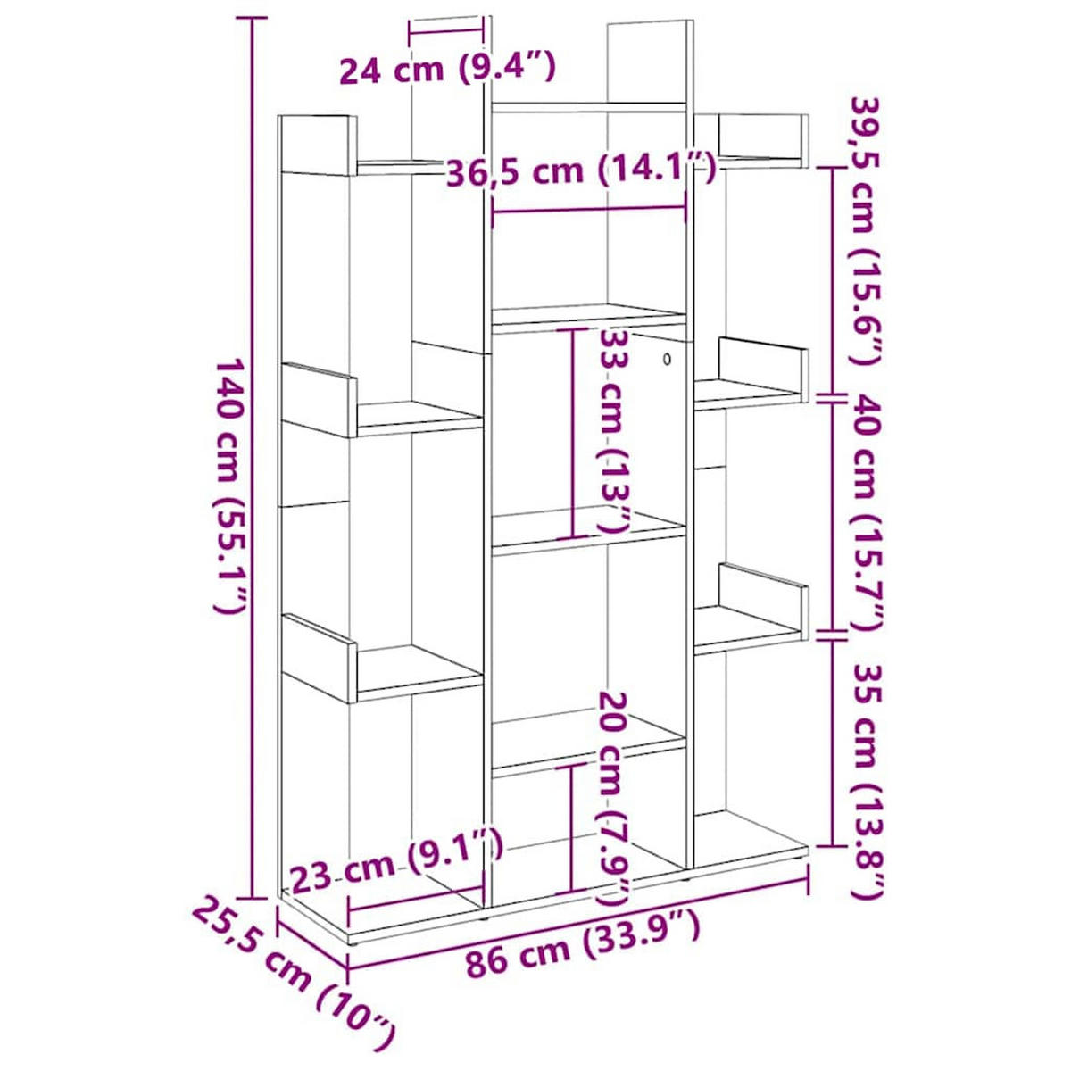 BÜCHERREGAL Baumform 86/25,5/140 cm aus Holzwerkstoff Sonoma-Eiche Dekor - Sonoma Eiche, Holz (86/140/25.5cm) - vidaXL