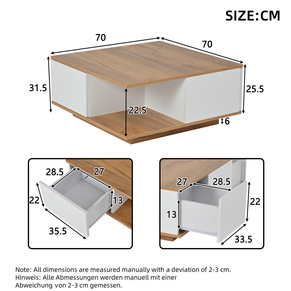 COUCHTISCH 70/70/31,5 cm Weiß walnussfarben aus Holzwerkstoff mit 3 Schubladen und Hochglanzfronten - Walnussfarben, Holzwerkstoff (70/70/31.5cm) - OKWISH