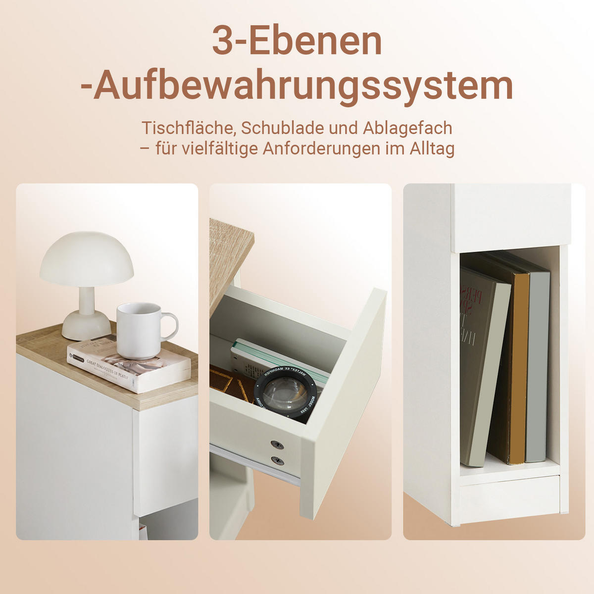 NACHTTISCH schmal mit Schublade, Konsolentisch, Weiß-Natur, 20x35x60 cm, nur 20 cm tief, offene Fächer, Flur/Sofa/Büro/Balkon - Weiß, Holzwerkstoff (20/60/35cm) - SoBuy