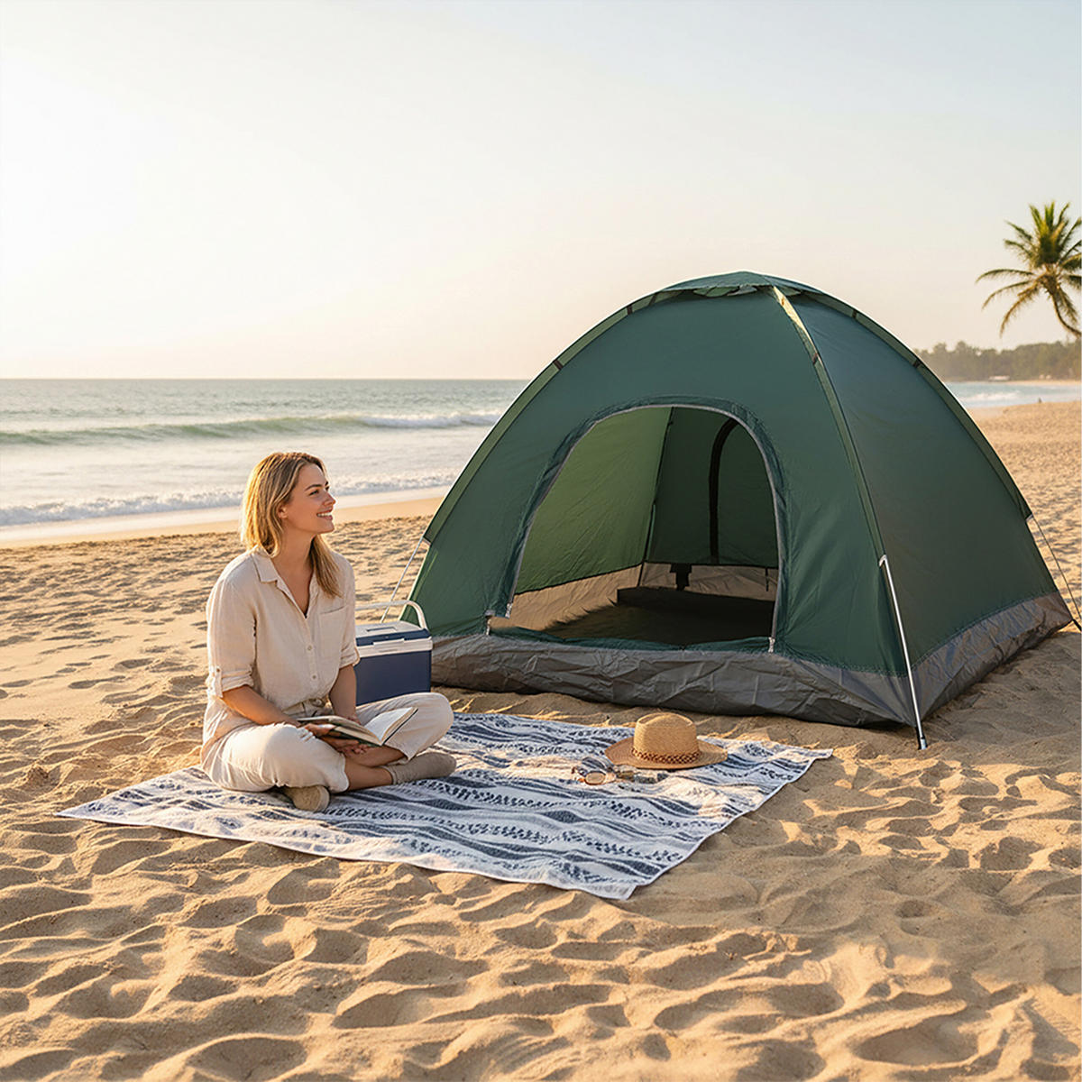 POP-UP stan na pláž - tmavě zelená, textil/plast (200/200cm) - Relaxdays