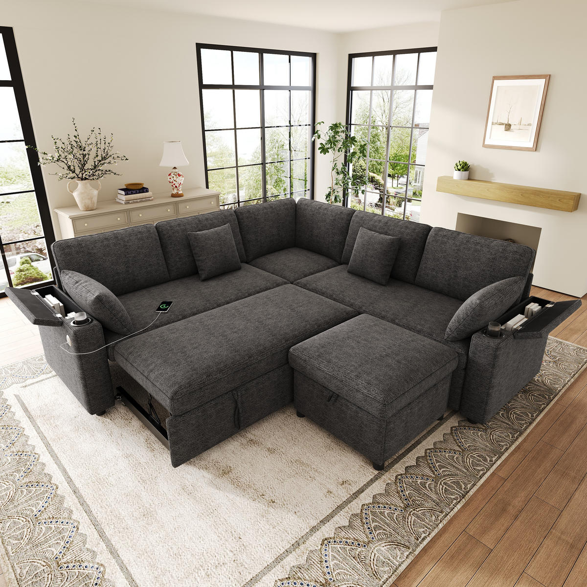 ECKSOFA mit Schlaffunktion Stauraum und USB Type-C - Grau, Textil (204/204cm) - EVRYAE