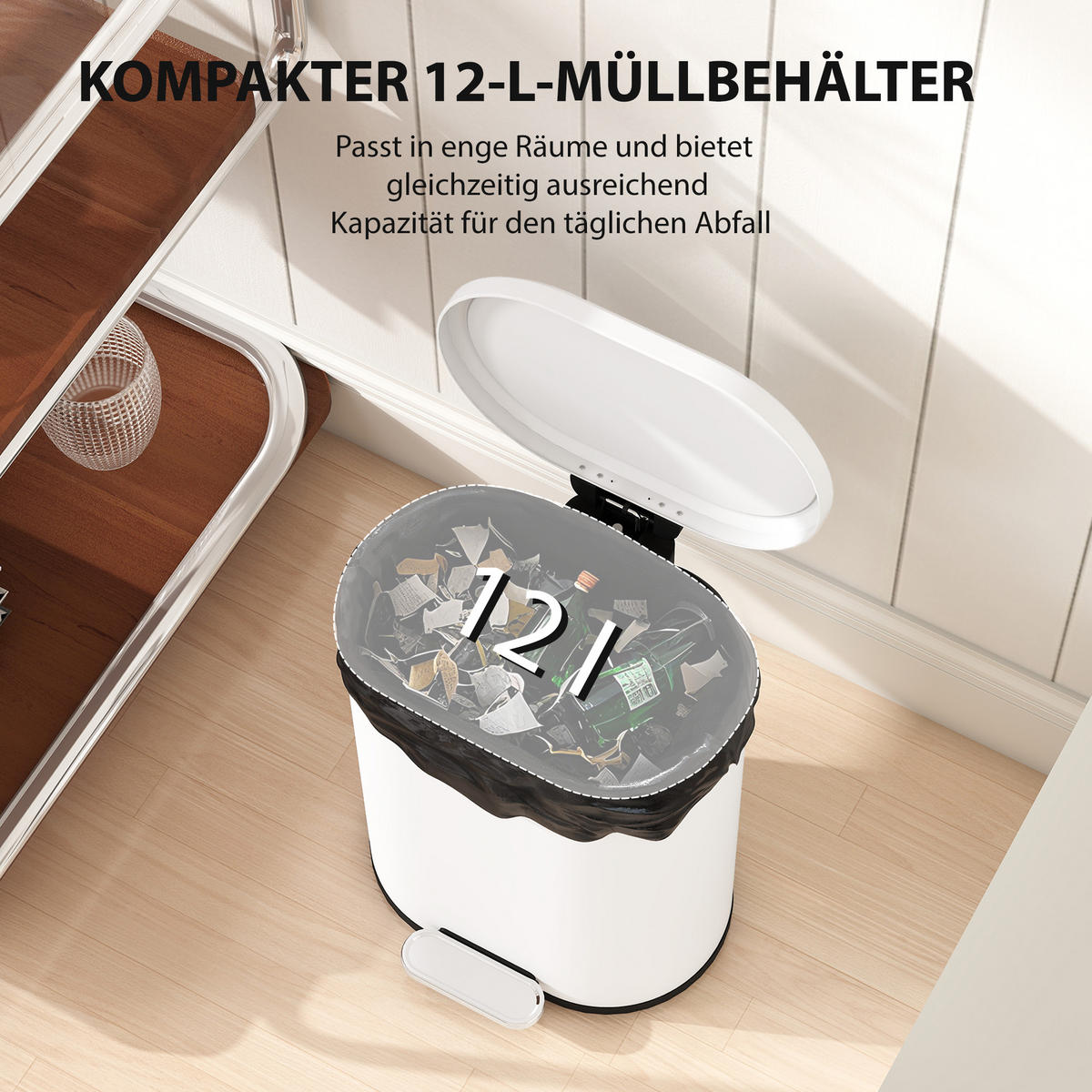 MÜLLEIMER 12L Abfalleimer mit Deckel Fußpedal Soft-Close-Funktion - Weiß, Metall (25.5/37.5/30cm) - HOMCOM