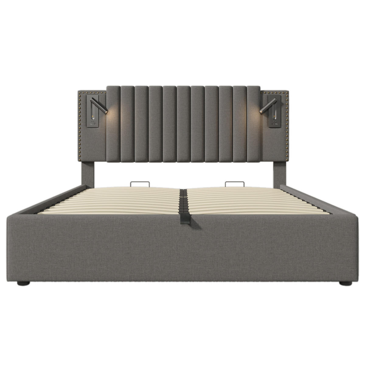 ČALÚNENÁ posteľ z bavlny 160x200 cm sivá s nastaviteľným čelom, čítacím svetlom, USB a úložným priestorom - sivá, textil (160/200cm) - Modfu