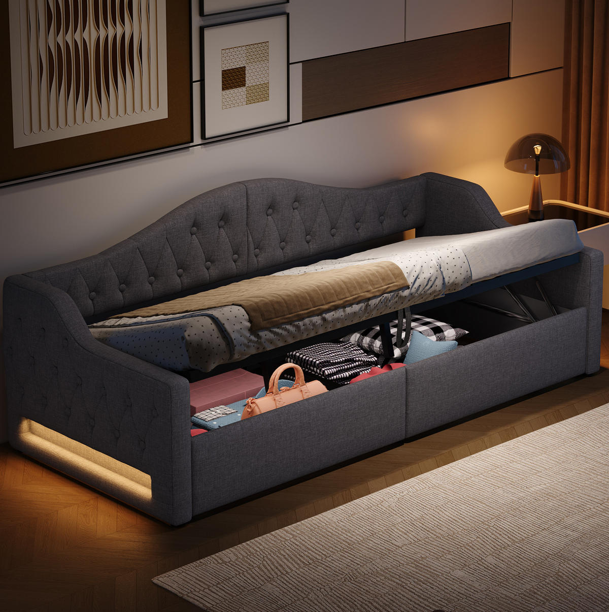 POLSTERBETT 90/200 cm Grau aus MDF mit Stauraum und LED-Beleuchtung - Grau, Holzwerkstoff (90/200cm) - OKMYHOME