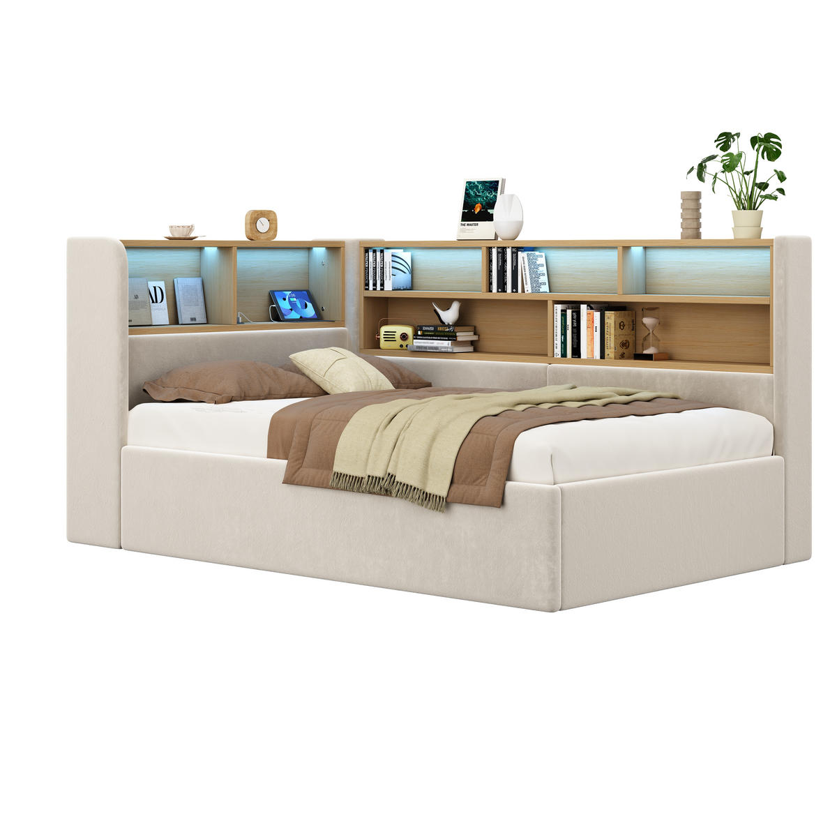 MULTIFUNKTIONSBETT 90/200 cm beige aus Samt mit LED und hydraulischem Stauraum - Beige, Textil (90/200cm) - OKWISH