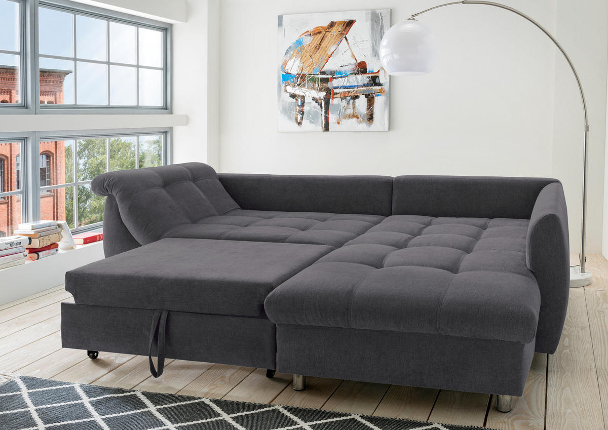 ECKSOFA mit Schlaffunktion, Wellenunterfederung, Ottomane rechts B250/T190/H84 cm, Liegefl. 179x190 cm, Mikrofaser Anthrazit / 17007 - Chromfarben/Anthrazit, Textil/Metall (250/190cm) - luma-home