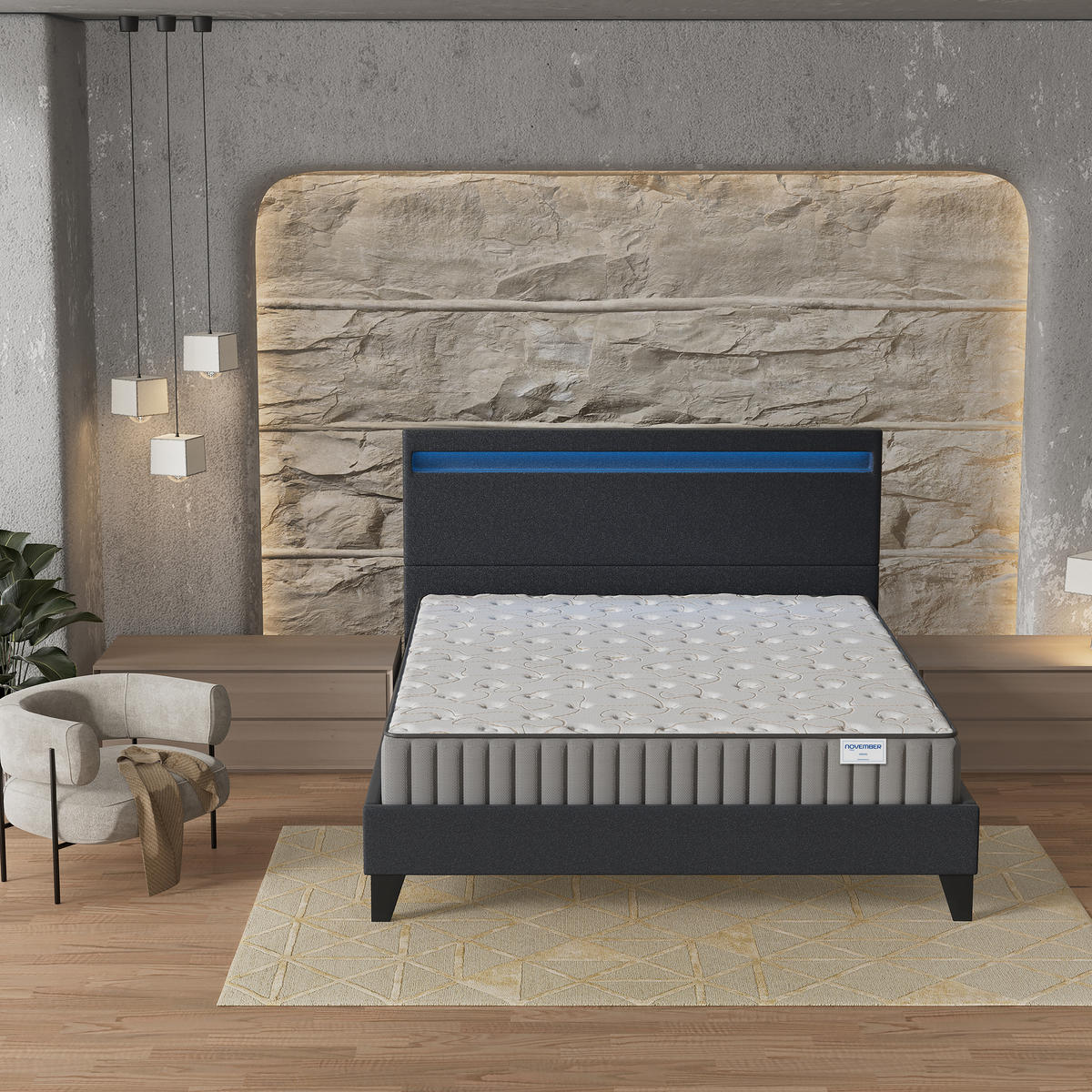 POLSTERBETT und MATRATZE - 140 x 200 cm -Memory-Schaum-Visco - 16cm dick - Schwarz, Naturmaterialien/Holz (140/200cm) - November Sleep