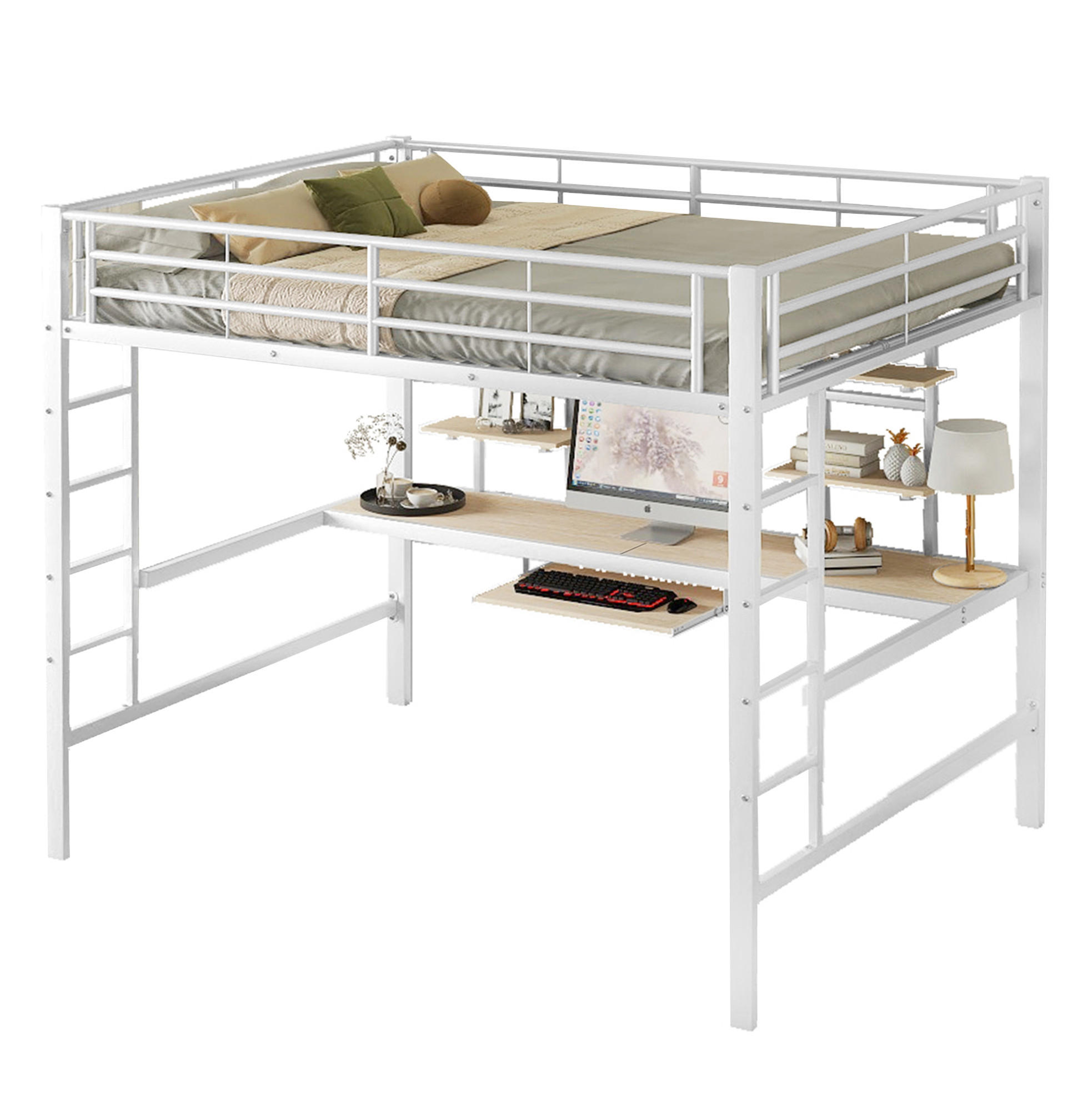 HOCHBETT 140/200 cm Weiß aus Metall mit Schreibtisch und 2 Regalen - Weiß, Metall (140/200cm) - OKMYHOME