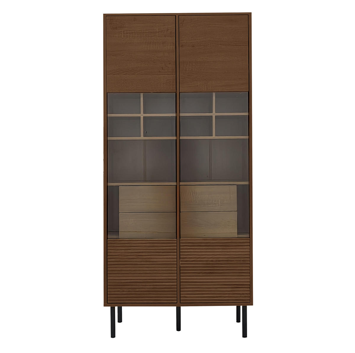 VITRINE 75.5x35x164.5cm in Holz mit Glasfront & Schubladen - Walnussfarben, Holzwerkstoff (75.5/164.5/35cm) - Modfu