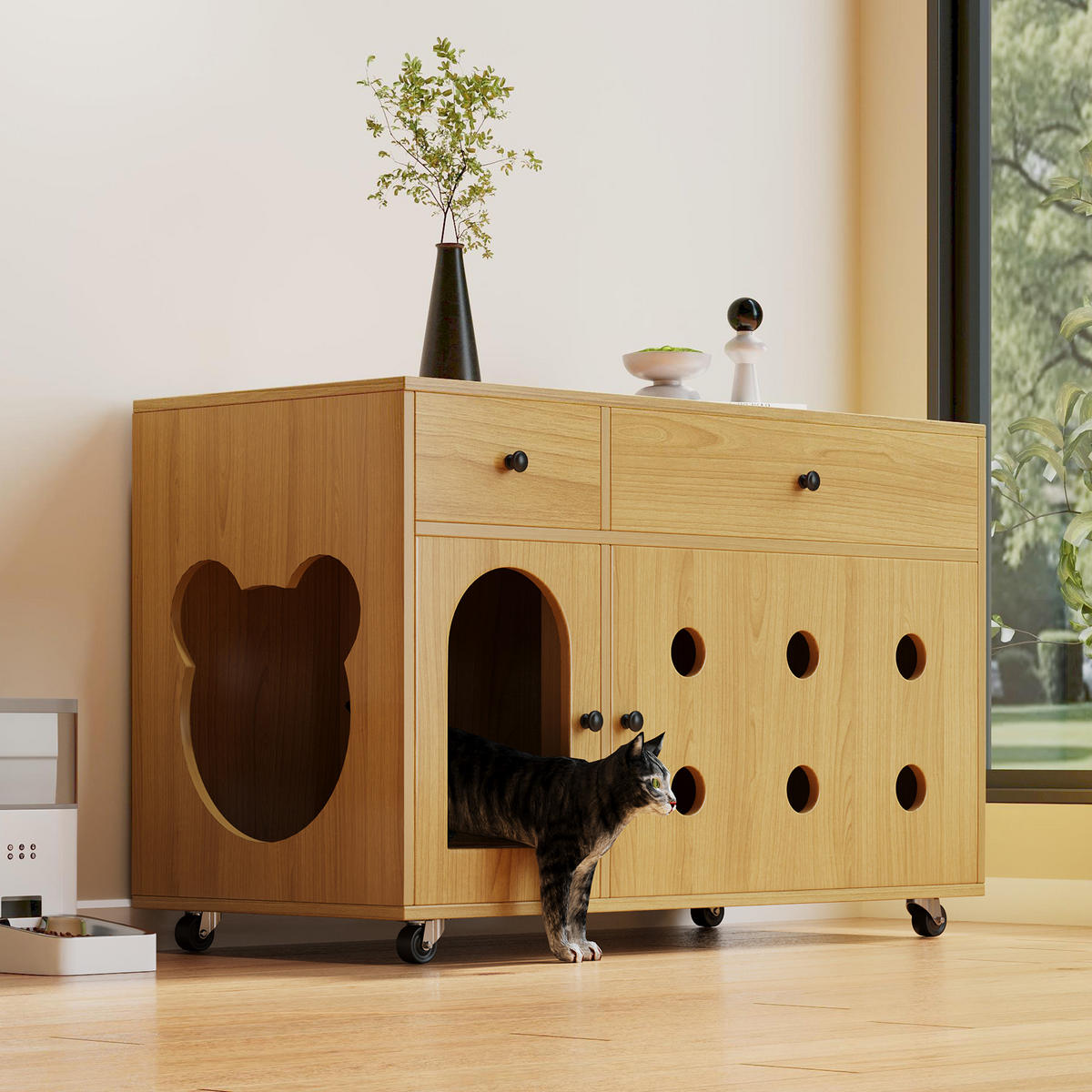 SIDEBOARD Naturgarben aus MDF 100×45×66cm als Katzenkloschrank mit Sandauffangplatte und Schubladen - Naturfarben, Holzwerkstoff (45/66/10cm) - Luhomfu