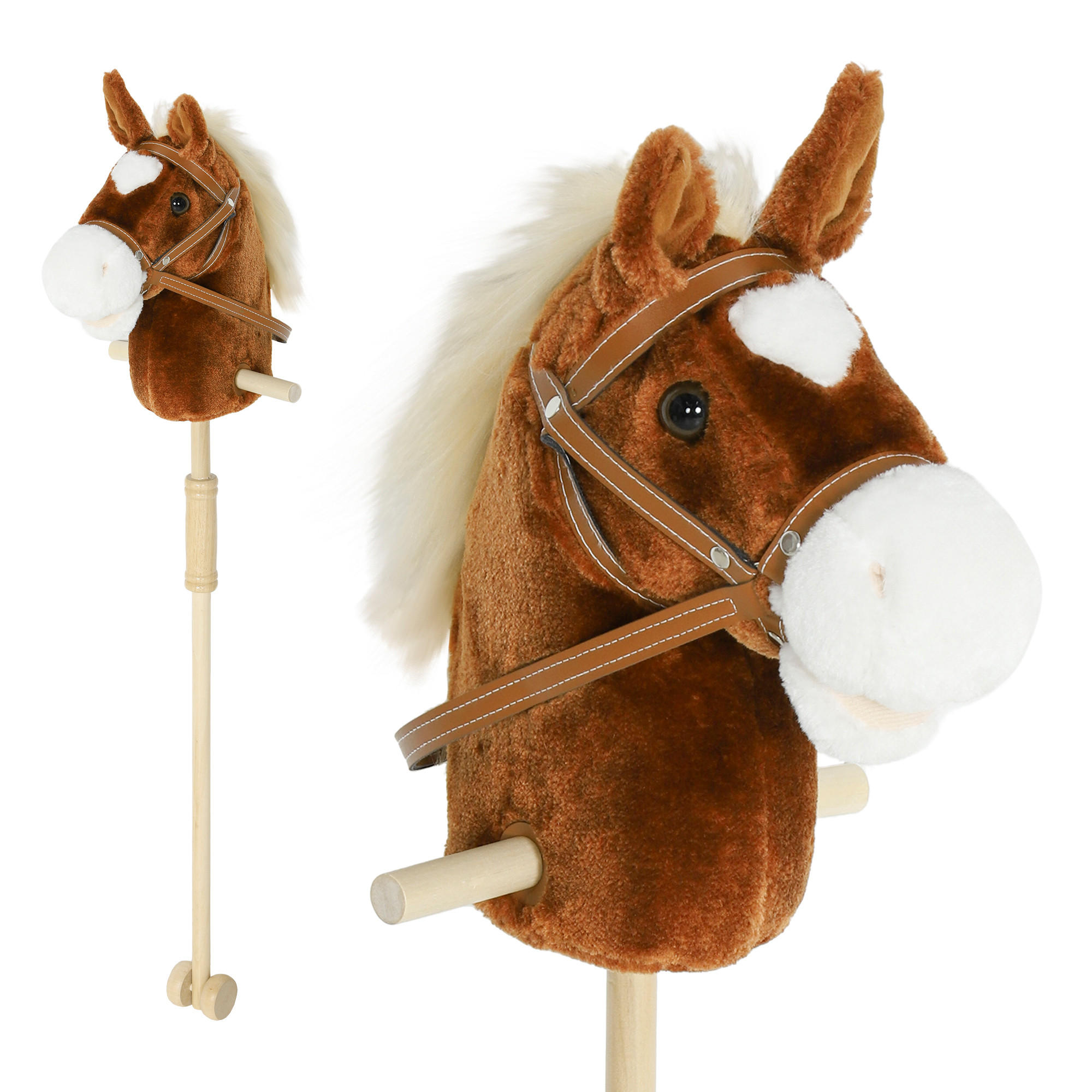 STECKENPFERD Kinder Steckenpferde mit Sound, Griffe, Rolle Stockpferd zum Reiten - Braun, Textil (25/95cm) - AIYAPLAY