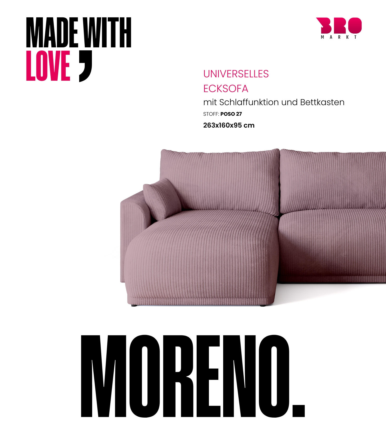 Thumbnail - Bromarkt Ecksofa, Pink, Textil, 3-Sitzer, L-Form, 262x160 cm, Wohnzimmer, Sofas & Couches, Wohnlandschaften, Ecksofas