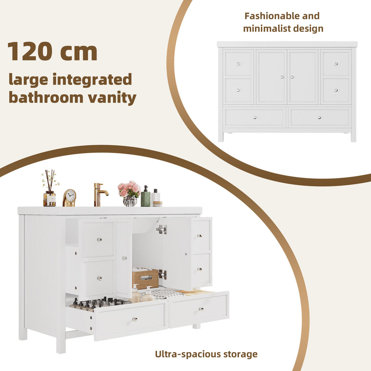 WASCHBECKENUNTERSCHRANK mit Harzbecken, 4 Schubladen und Soft-Close-Türen 120/50/86.5 cm - Weiß, Holzwerkstoff/Metall (120/86.5/50cm) - EVRYAE