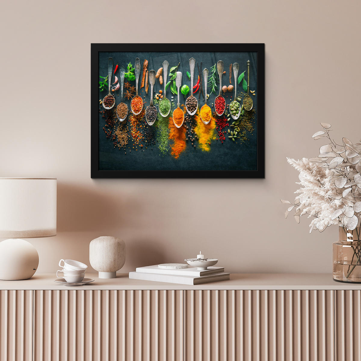 POSTER MIT RAHMENGERAHMTES BILD - Kräuter - Gewürze - Löffel - 40x30 cm - Currygelb, Papier (40/30cm) - MuchoWow