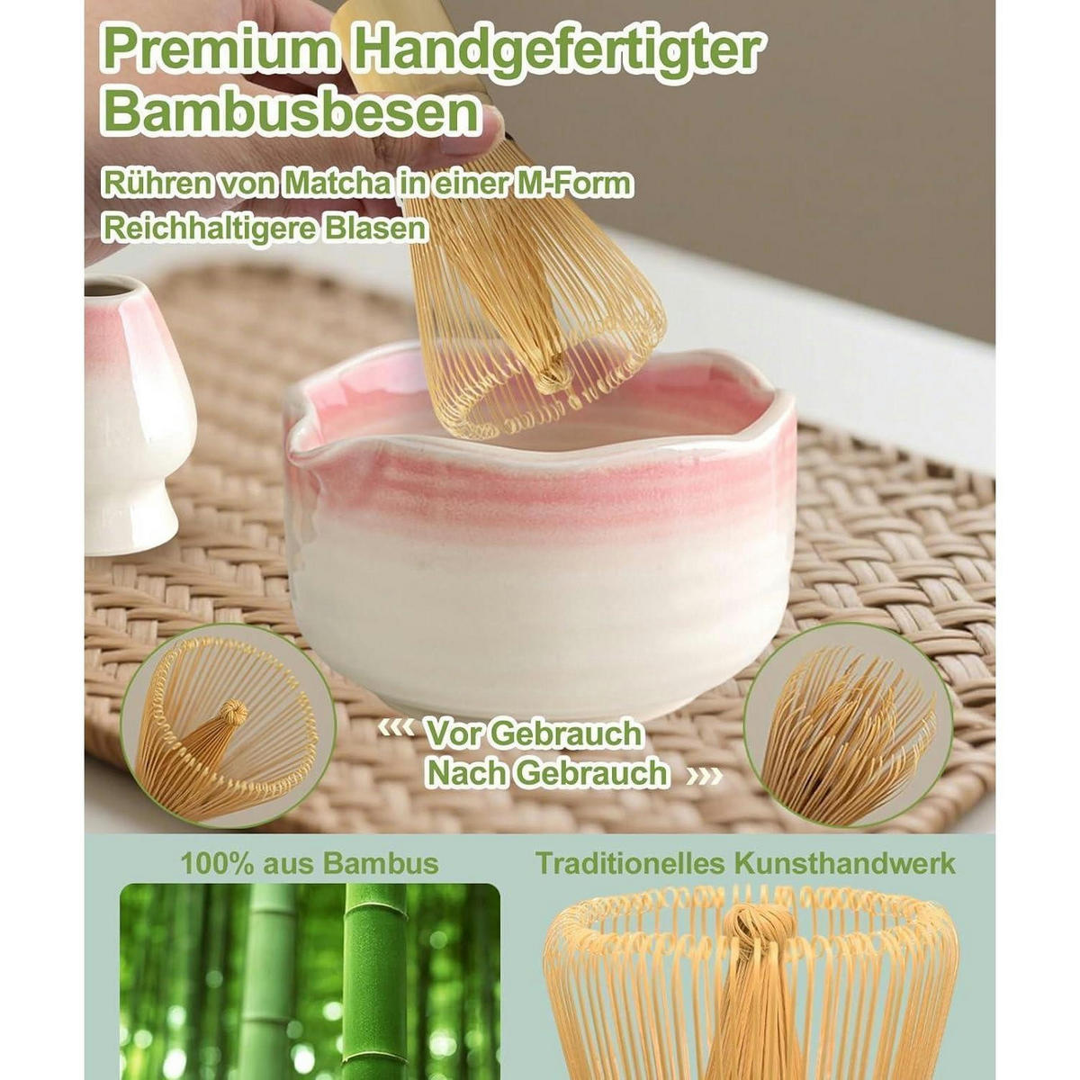 MATCHA Set 7-teilig mit Schale, Besen und Sieb Farbverlauf Rosa - Rosa, Keramik (15/10/15cm)