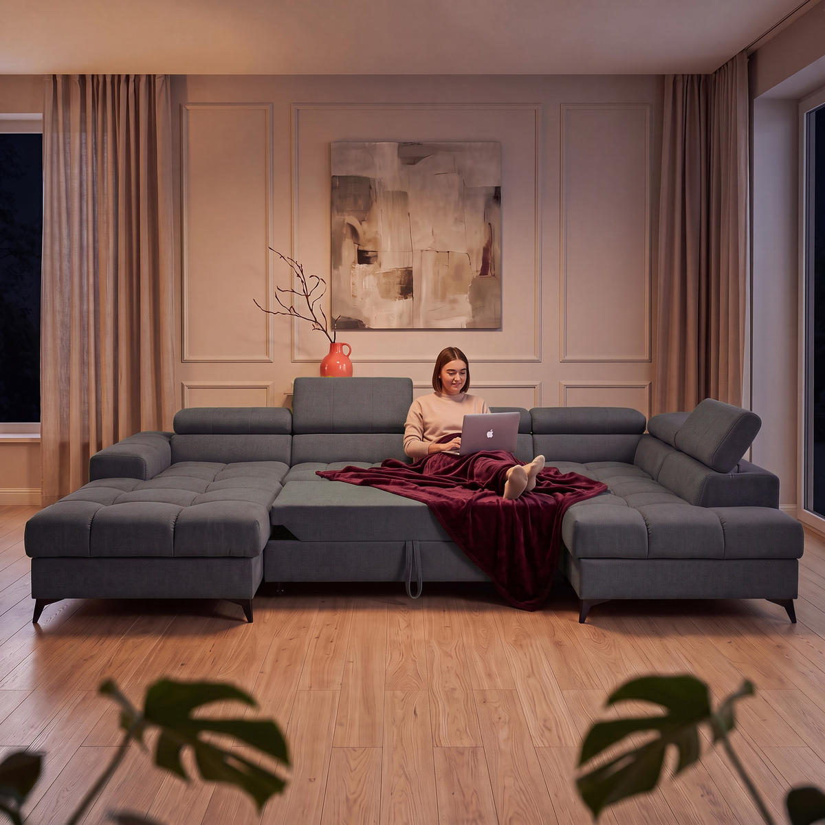 ECKSOFA PUDDING U Links mit Schlaffunktion 125x260 Velours Dunkelgrau - Dunkelgrau/Schwarz, Holz/Textil (203/350cm) - Muffo